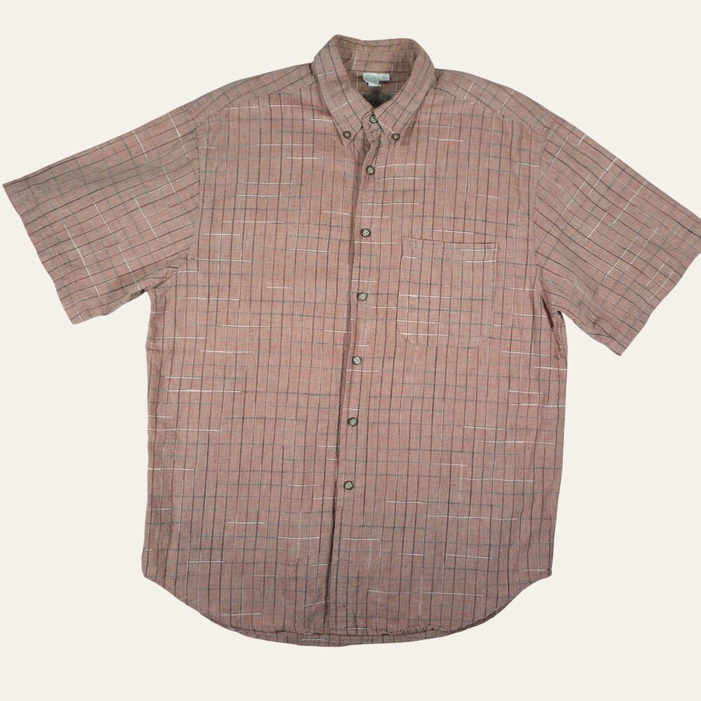 The Territory Ahead Shirt Mens L Salmon Linen‎ Cotton Short Sleeve Plaid